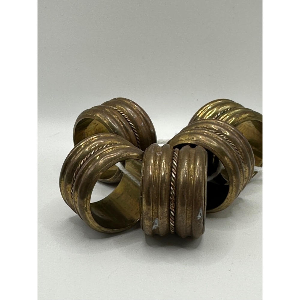 Vintage Brass Napkin Rings Set of 5 Ribbed Twisted Rope Mixed Metal Boho Decor
